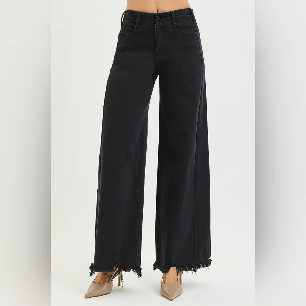 RISEN HR Tummy Control Black Palazzo Jeans Wide Leg Distressed Hems Various NEW - Picture 6 of 13